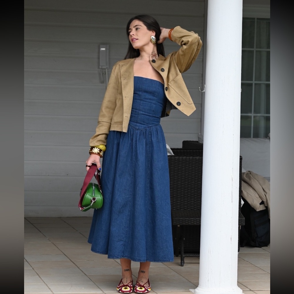 Zara Blue Denim Dress with Tan Jacket